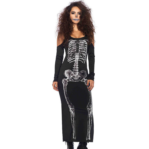 Adults Women Sexy Off Shoulder Skeleton Halloween Cosplay Costume Long Dress
