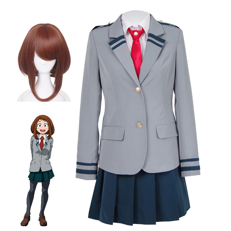 Anime Boku No Hero / My Hero Academia Ochaco Uraraka Cosplay School Uniform Costume With Wigs Set
