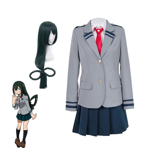 Anime Boku No Hero / My Hero Academia Tsuyu Asui School Uniform Cosplay Costumes With Wigs Set