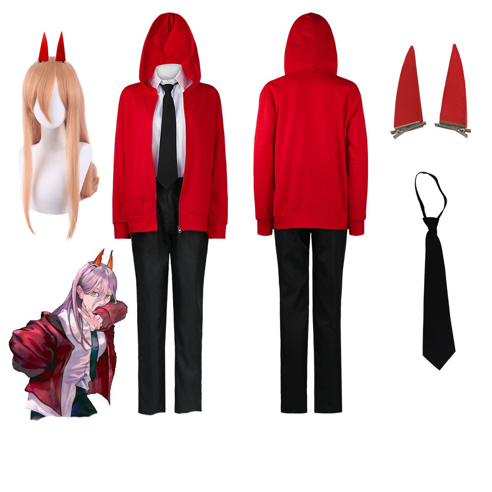 Anime Chainsaw Man  Blood Fiend Power Costume Suit and Wigs Set Halloween Cosplay Outfit