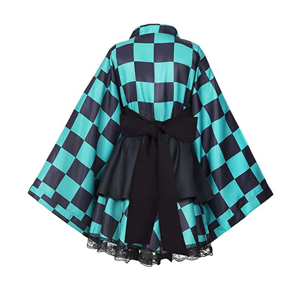 Anime Tanjiro Kamado Female Version Costume Lolita Dress+Long Wigs Full Set Women Girls Halloween Costume