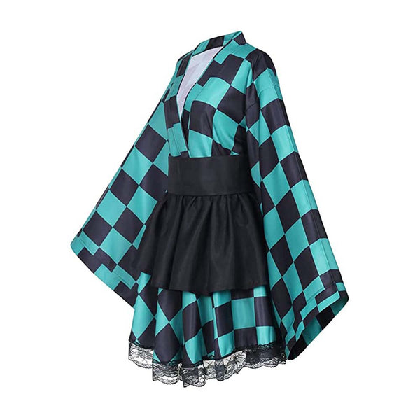 Anime Tanjiro Kamado Female Version Costume Lolita Dress+Long Wigs Full Set Women Girls Halloween Costume