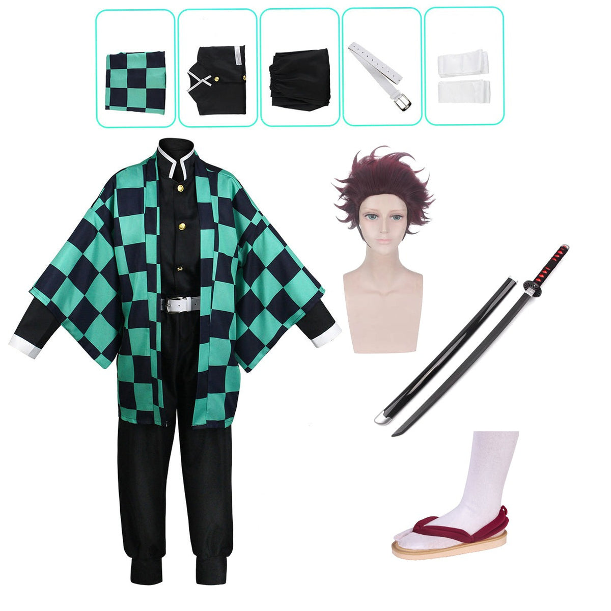 Anime Tanjiro Kamado Costume+Wigs+Shoes+Weapon Sword Props Whole Set H ...