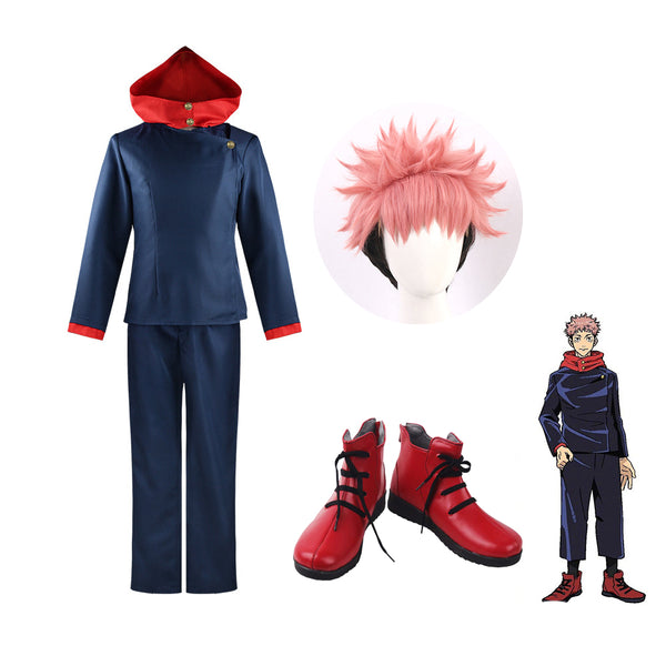 Anime Jujutsu Kaisen Yuji Itadori Whole Set Cosplay Costume With Wigs and Cosplay Boots