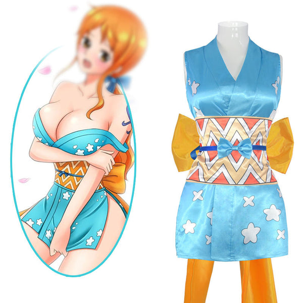Anime One Piece Wano Country Arc Nami Kimono Dress Costume Outfit Halloween Cosplay Dress