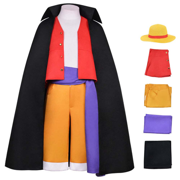 Kids/ Adults One Piece Monkey D. Luffy Wano Country Arc Outfit With Hat and Cloak Cosplay Costume Full Set