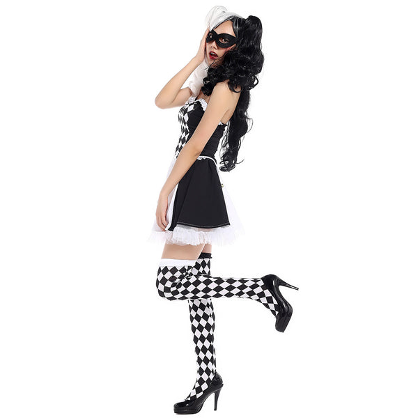 Black and White Plaid Clown Costume Women Jester Cosplay Costume Dress