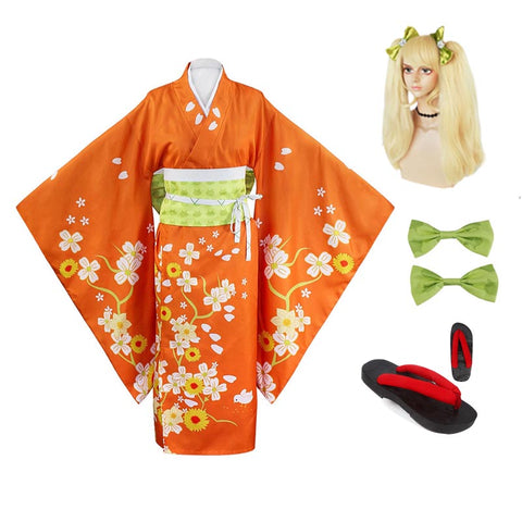 Danganronpa 2: Goodbye Despair Hiyoko Saionji Whole Set Costume Kimono+Wigs+Clogs Halloween Costume