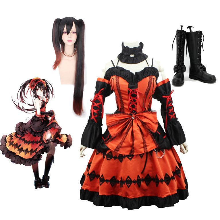 Anime Date A Live Kurumi Tokisaki Spirit Form Whole Set Cosplay Costume Lolita Dress+Wigs+Shoes Halloween Cosplay Outfit