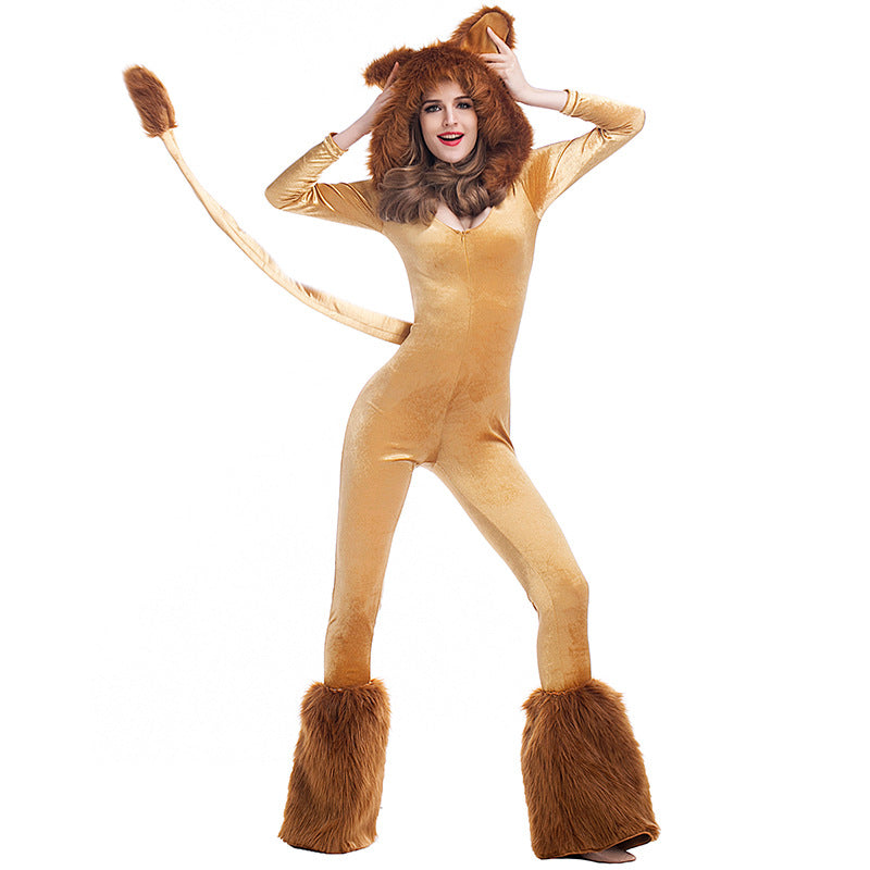 Deluxe Halloween Furry Hooded Lion Animal Cosplay Costume For Women