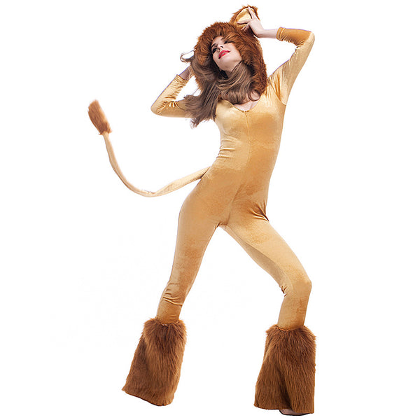 Deluxe Halloween Furry Hooded Lion Animal Cosplay Costume For Women