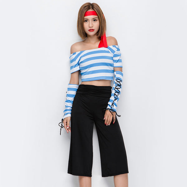 Fashion Seven Points Wide Leg Pants Blue And White Pirate Costume Halloween/Stage Performance/Party Women