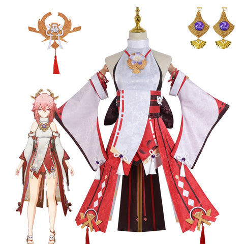 Genshin Impact Costume Yae Miko Cosplay Costume Dress Full Set With Headwear Halloween Costume