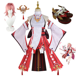 Genshin Impact Costume Yae Miko Whole Set Costume With Wigs and Shoes Halloween Party Costume