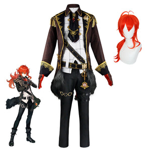 Genshin Impact Diluc Costume and Wigs Set Halloween Party Cosplay Costume Suit