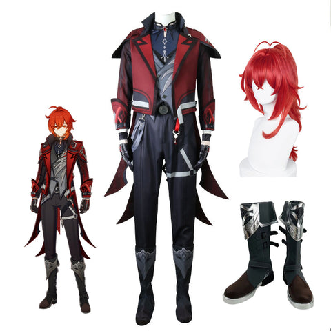 Genshin Impact Diluc Skin Costume Red Dead of Night Whole Set Costume+Wigs+Boots Halloween Carnival Costume Set