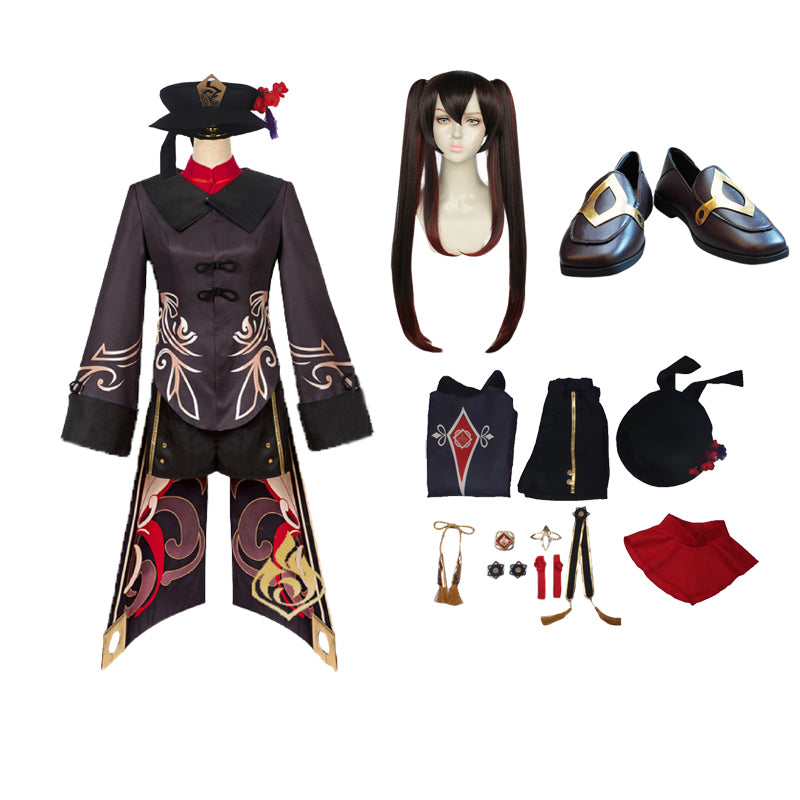 Genshin Impact Hu Tao Cosplay Costume Full Set Costume+Wigs+Shoes Set Halloween Costume