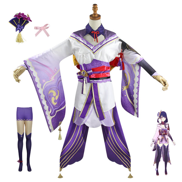 Genshin Impact Raiden Shogun Whole Set Costume + Wigs +Shoes Halloween Cosplay Suit Set