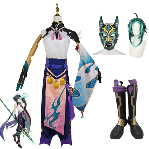 Genshin Impact Yaksha Xiao Whole Set Costume+Wigs+Boots+Mask Halloween Party Costume Set