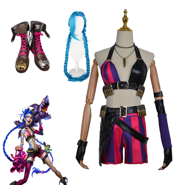 League of Legends Cosplay Arcane Jinx Whole Set Costume With Wigs and Boots Outfit