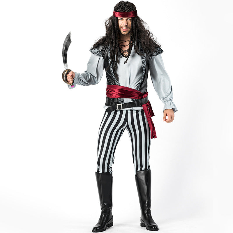 Men's Black And White Striped Jack Captain Pirate Costume Halloween/Stage Performance/Party