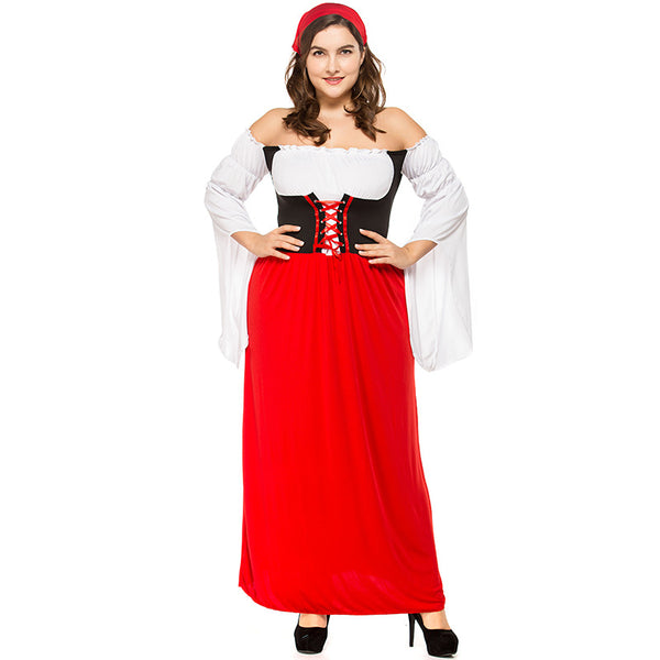Plus Size Women Bavarian Beer Oktoberfest Long Red Pirate Dress Costume