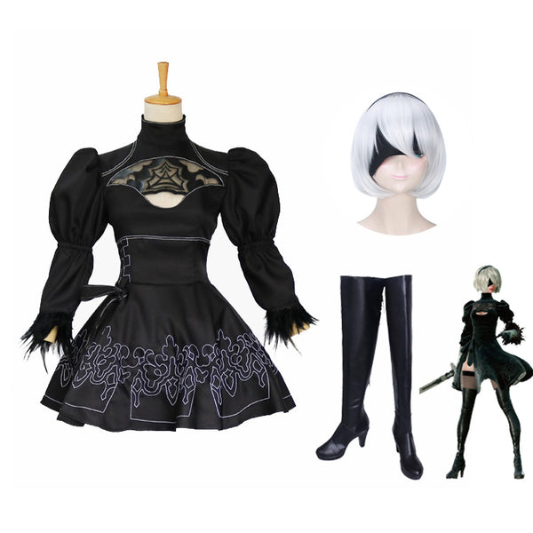 Nier: Automata YoRHa No.2 Type B 2B Whole Set Cosplay Costume Dress With Wigs and Cosplay Boots