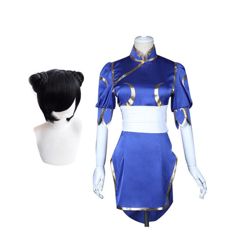Street Fighter Chun Li Cosplay Costume Blue Cheongsam Costume With Wigs Full Set