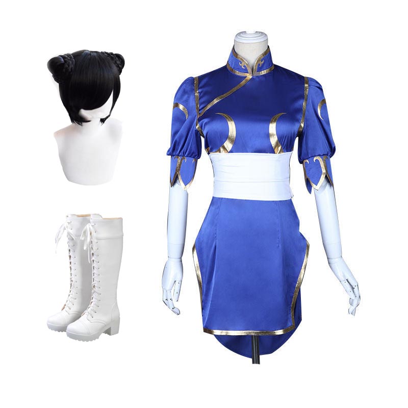 Street Fighter Chun Li Cosplay Costume Whole Set Cheongsam With Wigs and Boots