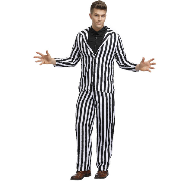 Unisex Black and White Strip Clown Suit Cosplay Costume