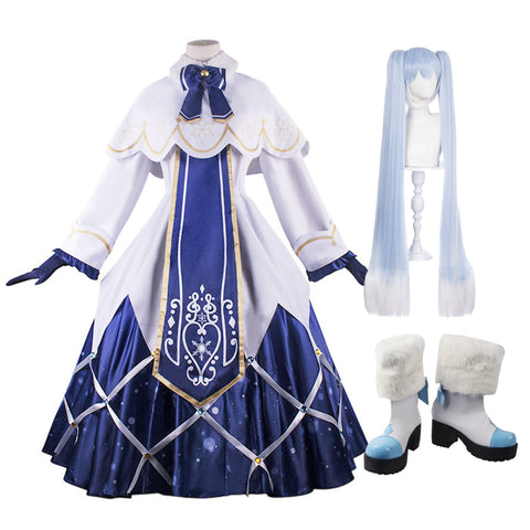 Vocaloid Snow Miku Cosplay Lolita Dress Costume With Wigs and Boots Set Halloween Full Set Costume