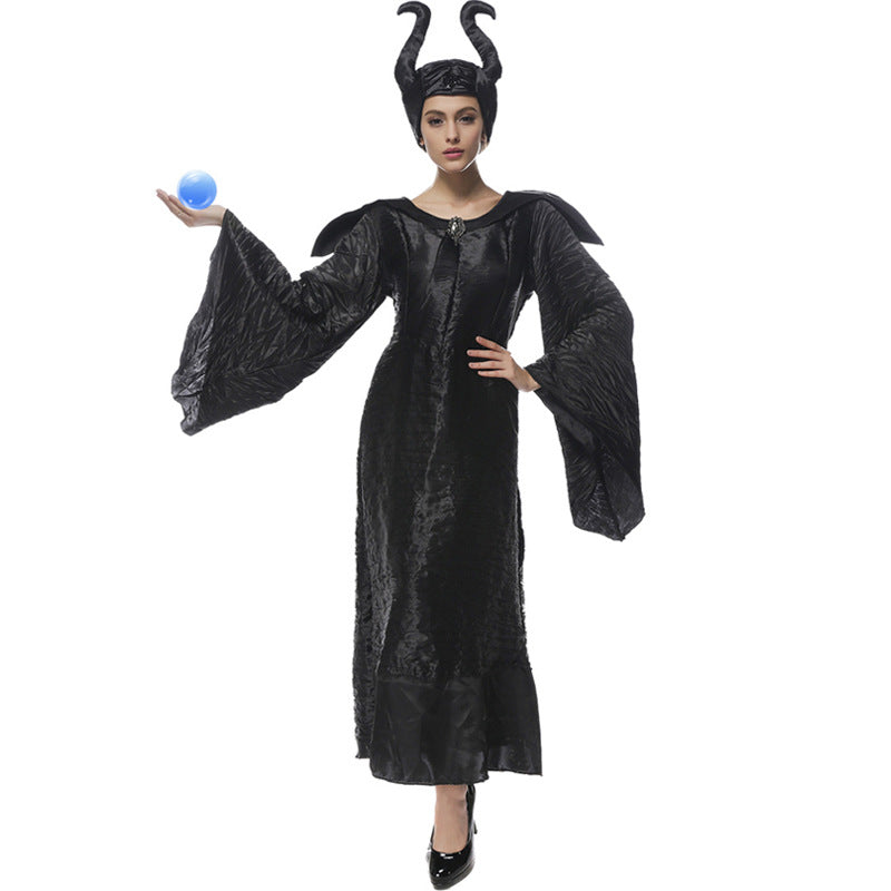 Women Deluxe Maleficent Vampire Black Gown Cosplay Costume Dress For H