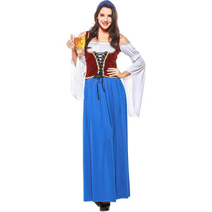 Women Bavarian Beer Festival Oktoberfest Blue Long Costume Bar Waitress Costume