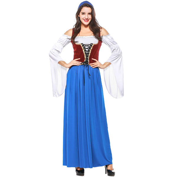 Women Bavarian Beer Festival Oktoberfest Blue Long Costume Bar Waitress Costume