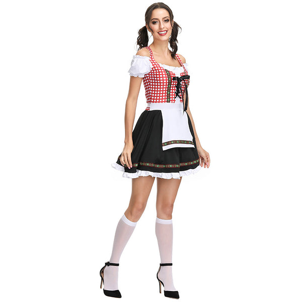 Women Bavarian Beer Festival Oktoberfest Red Plaid Party Costume Waitress Maid Costume