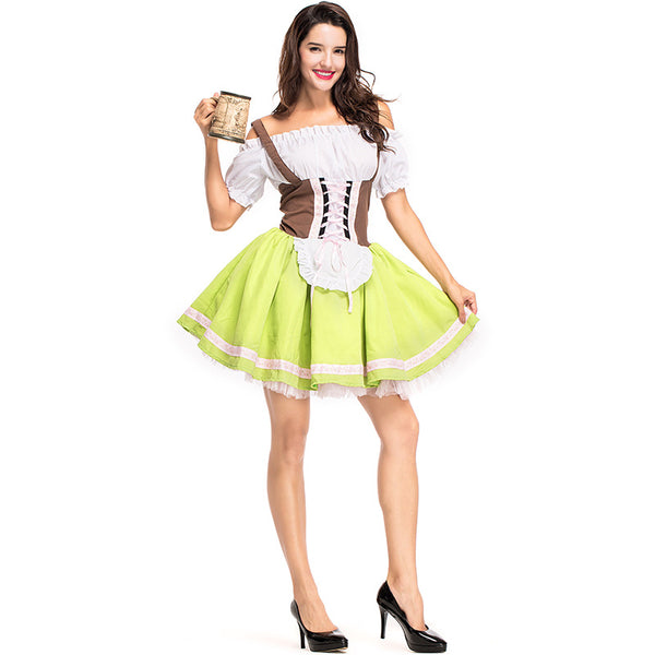 Women Bavarian Beer Oktoberfest Waitress Costume Green Traditional Party Dress