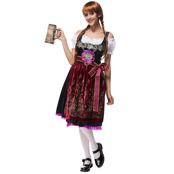 Women Beer Festival Oktoberfest Dark Red Party Costume Waitress Maid Costume