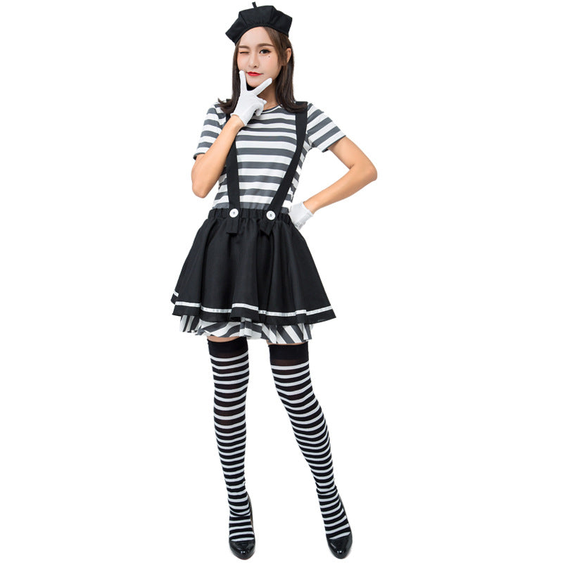 Women Stripe Clown Costume Dress For Halloween Party Performance