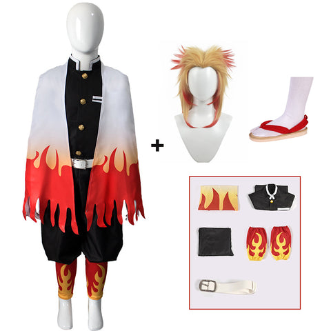 Kids Version Anime Demon Slayer Kyojuro Rengoku Cosplay Costume Full Set With Wigs and Shoes Cosplay Outfit Set